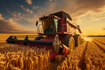 Fototapeta premium Harvesting tractor machine in field. technology agriculture, automatic machine technology. Farmer. Farming. Daylight. Ai generated.