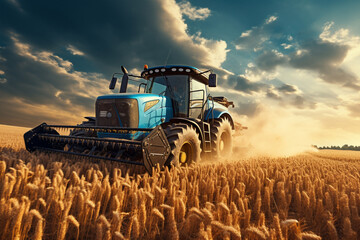Fototapeta premium Harvesting tractor machine in field. technology agriculture, automatic machine technology. Farmer. Farming. Daylight. Ai generated.