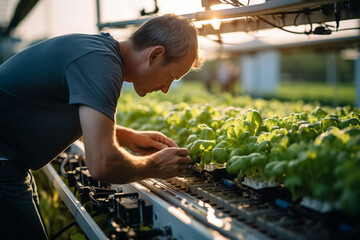 A man farmer working in a greenhouse. Technology agriculture farming. Modern farming vegetable. - obrazy, fototapety, plakaty