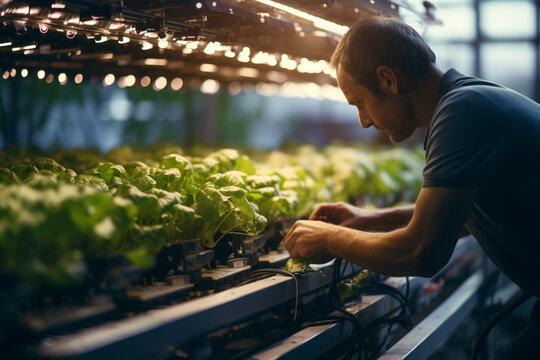 Farmer person working in a greenhouse. Technology agriculture farming. Modern farming.