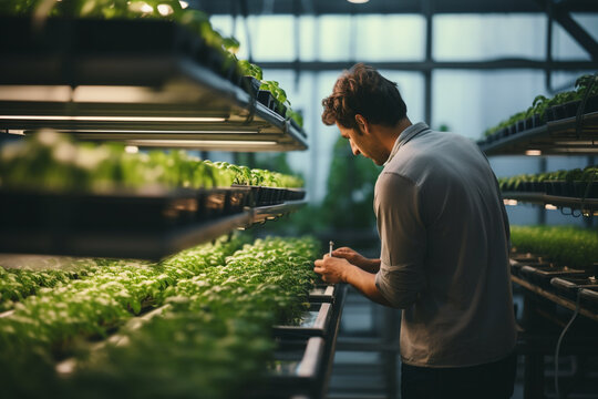 Technology agriculture farming. A man farmer working in a greenhouse. Modern farming.