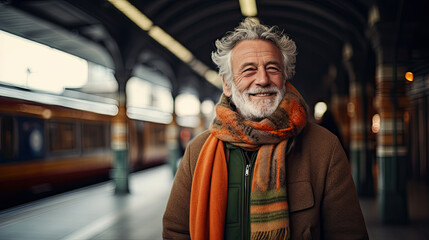 Fototapeta na wymiar Senior gray-haired man at train station. Waiting for the train or meeting at the station