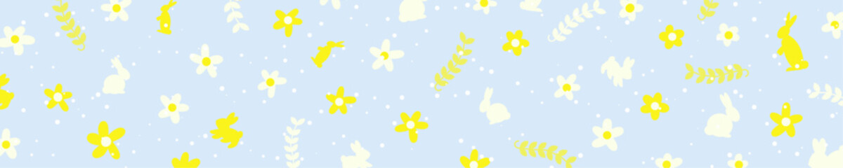 Fototapeta na wymiar Cute Floral Spring Background Header with flowers, leaves, vines, and bunny on blue color background. Spring panorama template with copy space. Vector.