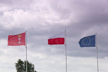 flaga, maszt, widok, niebo, chmura, europa, lato, wiatr, gdańsk, polska, unia europejska, - obrazy, fototapety, plakaty