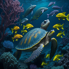 Turtle with group of colorful fish and sea animals with colorful coral underwater in ocean. Ai Generated