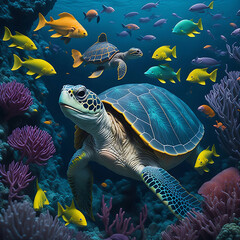 Turtle with group of colorful fish and sea animals with colorful coral underwater in ocean. Ai Generated