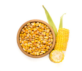 Dry corn seeds in bowl with cob isolated on white, top view