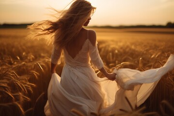 Fototapeta na wymiar Beautiful woman in a field at sunset, wearing a white dress. AI Generative
