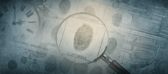 Magnifier, fingerprint, blood drops, watch, medical instrument, police form.  Background on the theme of crime, police, detective, investigation, consequent; inquiry; inquest. Old retro style. - 637814396