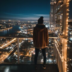 A person standing on a city rooftop at night, gazing at the sea of lights below, evoking a sense of solitude and wonder1