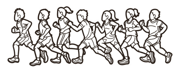 Group of Children Running Boy and Girl Mix Action Runner Play Together Cartoon Sport Graphic Vector