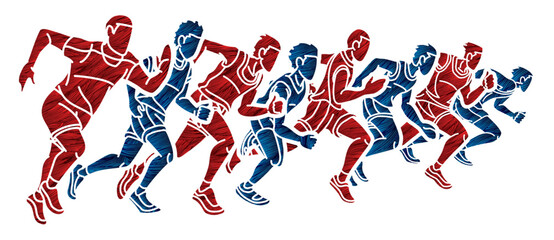 Group of People Running Men Mix Action Runner Together Cartoon Sport Graphic Vector