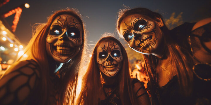 Three teenage witches girls are laughing and having fun at a Halloween party