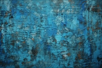 A vibrant blue abstract painting on a textured wall