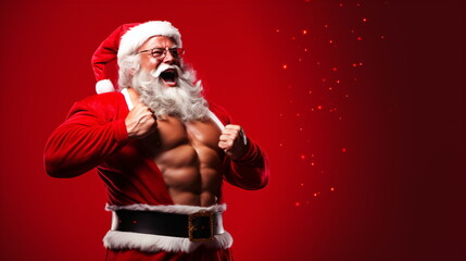 Sexy and muscular Santa Claus on red background showing his muscles. christmas holidays. portrait of sexy strong santa claus wearing hat. Generative ai