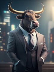 A bull dressed in a suit and tie, bitcoin bull market, Generative AI