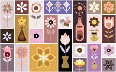 Tileable design include many different flower images and floral pattern elements. Collection of vector images, decorative seamless background. 