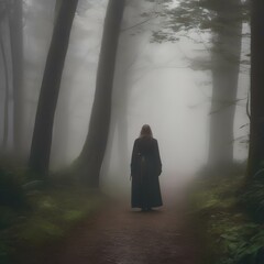 A person standing at a fork in a mist-covered forest path, embodying a feeling of uncertainty and exploration2