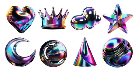 Holographic chrome icons set isolated. Trendy metal icons rendering png. Ai generated heart, crown, star and sphere