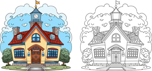 Hand drawn cartoon style school building outline and colored illustration.
