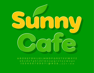 Vector creative advertisement Sunny Cafe. Bright sticker Font. Green Alphabet Letters, Numbers and Symbols set.