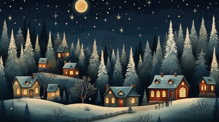 Snowy night in cozy christmas town city panorama. Winter christmas village NIGHT landscape