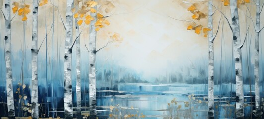 Abstract art acrylic oil painting of forest birch trees landscape with gold details and reflection of water from a lake (Generative Ai) - obrazy, fototapety, plakaty