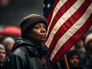 A heartfelt tribute as veterans stand in salute under a towering flag - obrazy, fototapety, plakaty