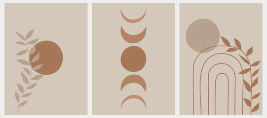Fototapeta na wymiar Hand drawn poster of the middle of the century. Pastel earthy tones. Moon, sun, arch and tree branch boho style. Modern vector illustrations. Creative prints with a growing and waning moon. Wall art