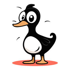Vector illustration of cute black cartoon style bird on white background. Hand drawing comic, flat style crow, duck character. Illustration for spring holidays, logo, pattern. Bird breeding.