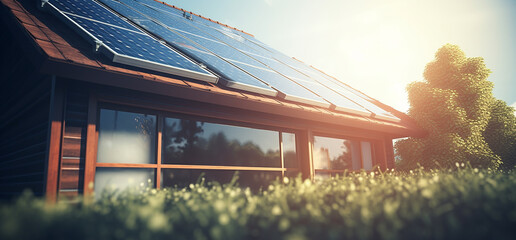 solar panel view on a house with the sun shinning saving money concept