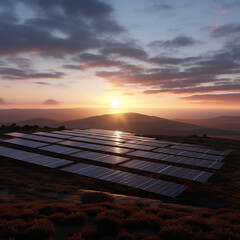 Fototapeta na wymiar the sunrise over the horizon of the Iberian Peninsula with ground-mounted solar panels
