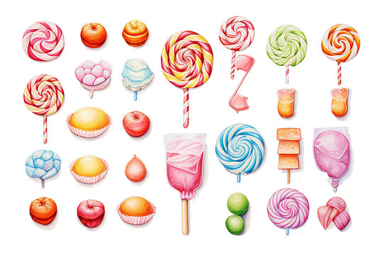 set of candy illustrations on clear background for print, wall art, wallpaper, kids books, website, decoration