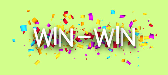 Win-win sign with colorful cut out ribbon confetti background. Design element. Vector illustration.