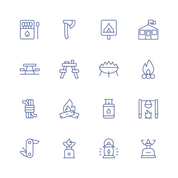 Camping line icon set on transparent background with editable stroke. Containing matches, axe, camping zone, barracks, picnic table, bench, fire, bonfire, rope, gas stove, campfire, swiss knife.