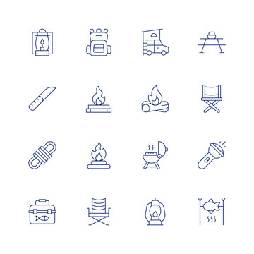 Camping line icon set on transparent background with editable stroke. Containing oil lamp, backpack, car, camping table, pocket knife, bonfire, firewood, chair, rope, grill, flashlight, tackle box.