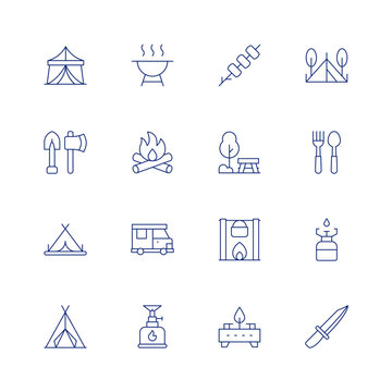 Camping line icon set on transparent background with editable stroke. Containing tent, barbecue, marshmallows, camping tent, tools, bonfire, picnic table, cutlery, camper van, pot on fire, gas.