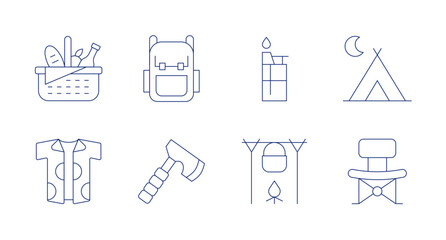 Camping icons. editable stroke. Containing picnic, backpack, lighter, camping tent, shirt, camp, pot on fire, folding chair.