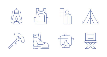 Camping icons. editable stroke. Containing oil lamp, backpack, lighter, camping tent, sausage, boots, pot on fire, folding chair.