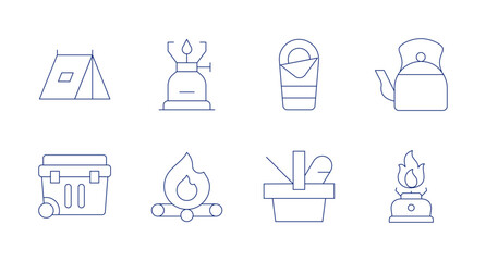 Camping icons. editable stroke. Containing tent, camping gas, sleeping bag, kettle, portable fridge, bonfire, picnic basket, cooking stove.