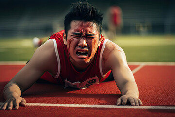 Fototapeta premium Disappointed and exhausted Asian athlete after a race