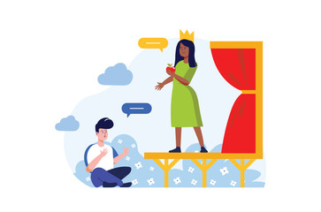 Drama club concept with people scene in the flat cartoon style. Students rehearse the school play before the public performance. Vector illustration.