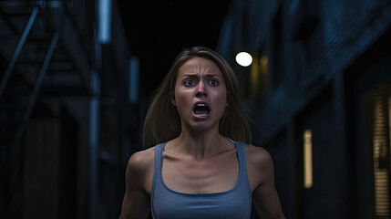 Fototapeta premium Portrait of a white woman looking scared in the night