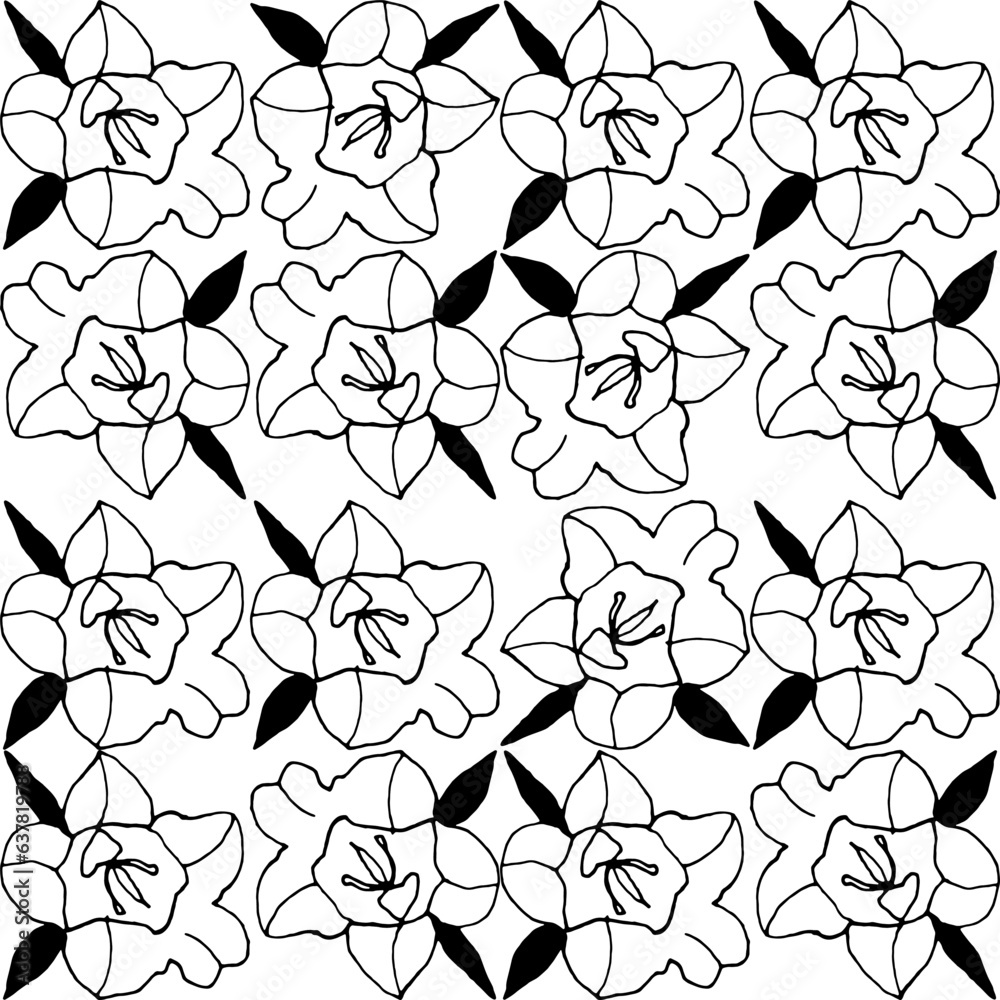 Aufkleber Abstract flower elements vector seamless pattern. Simple repeat in black on white background.
