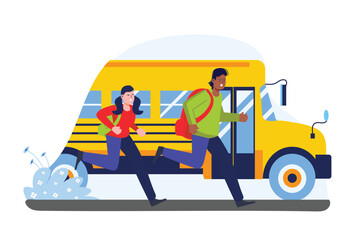 Going home concept with people scene in the flat cartoon style. Students rush to get on the school bus to get home faster. Vector illustration.