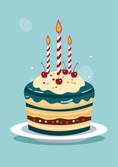 Birthday cake on a plate with three burning candles vector illustration. Delicious layer cake  with chocolate, cherries, sweets and confectionery cream. For greeting card, postcard, poster, banner.