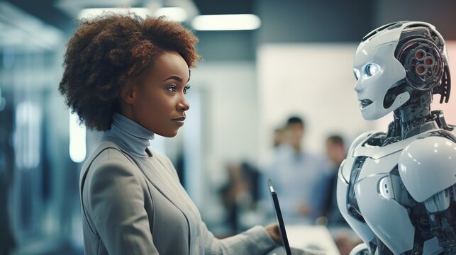 smiling businesswoman shaking hands with robot in office