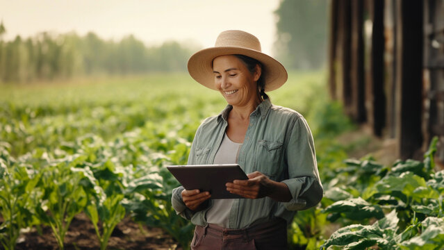 Middle-aged latin-american woman farmer holding a digital tablet amidst her vegetable field, embodying modern farming tech. Concept of advanced agriculture and eco-friendly vegetable cultivation