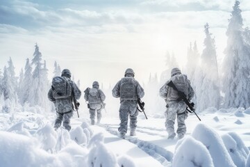 Group of infantry soldiers in uniforms walking over snow - obrazy, fototapety, plakaty