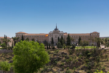 Fototapeta na wymiar Central School of Physical Education of Spain front facade or ECEF, a classical building used for military training center of the Army and physical activities and sports